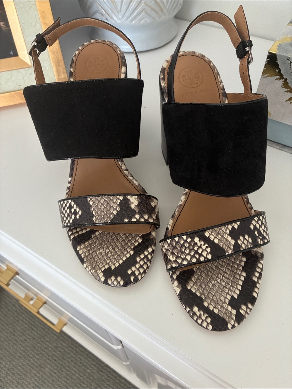 Tory Burch black suede snake sandals. Brand new. Never worn. Size 10